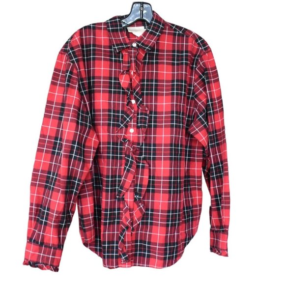 Vintage Women's Jones NY Sport Red Plaid Ruffle Button Top L - Picture 1 of 7